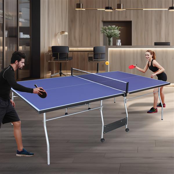 8ft Mid-Size Table Tennis Table Foldable & Portable Ping Pong Table Set for Indoor & Outdoor Games with Net, 2 Table Tennis Paddles and 3 Balls