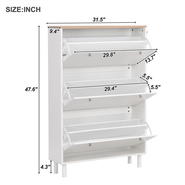 Narrow Design Shoe Cabinet with 3 Flip Drawers, Wood Grain Pattern Top Entryway Organizer with 3 Hooks, Free Standing Shoe Rack with Adjustable Panel for Hallway, White