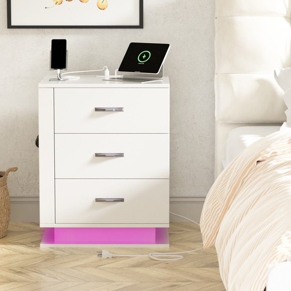 RGB LED With with Charging Station and USB Ports 3 Drawer Side Cabinet Bedside Table Nightstand Right Side White