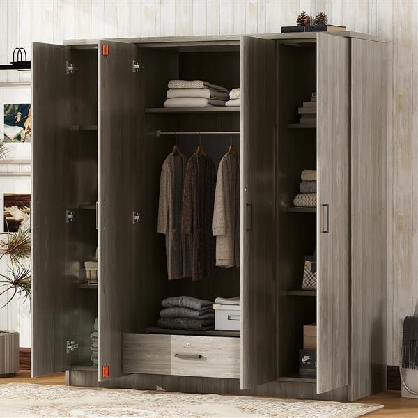 4-Door Wardrobe with 1 Drawer, Gray