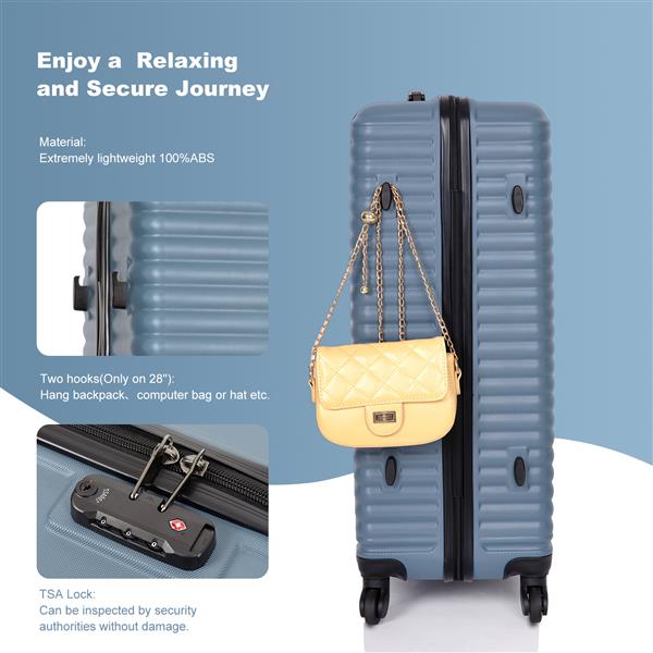 3 Piece Luggage Sets ABS Lightweight Suitcase with Two Hooks, Spinner Wheels, TSA Lock, (20/24/28) Blue