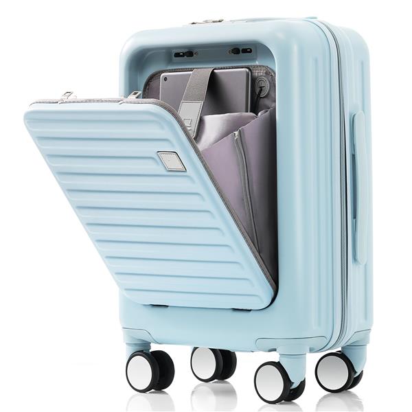 Luggage Set of 3, 20, 24, 28inch with USB Port, 20, 24inch with front opening design Airline Certified Carry on Luggage with Cup Holder, ABS Hard Shell Luggage with Spinner Wheels, light blue