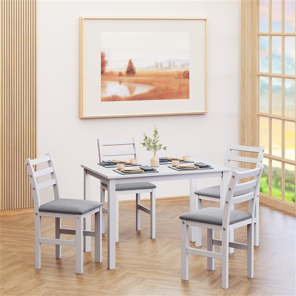 5PCS Stylish Dining Table Set 4 Upholstered Chairs with Ladder Back Design for Dining Room Kitchen Gray Cushion White