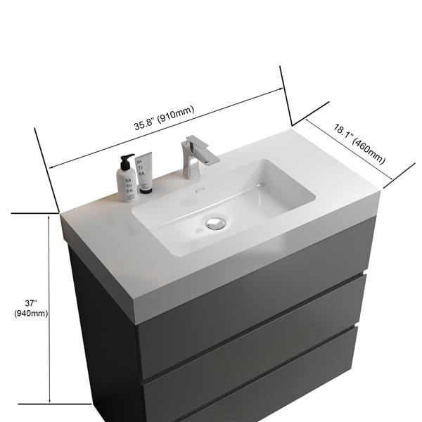 36" Gray Bathroom Vanity with Sink, Large Storage  Bathroom Vanity for Modern Bathroom, One-Piece White Sink Basin without Drain and Faucet