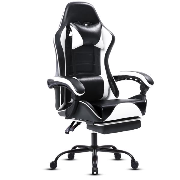 Computer Gaming Chairs with Footrest, Ergonomic Gaming Computer Chair for Adults, PU Leather Office Chair Adjustable Desk Chairs with Wheels, 360°Swivel Big and Tall Gamer Chair, White