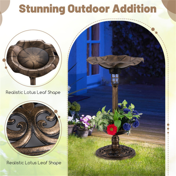 Bronze Standing Pedestal Birdbath and Feeder Combo with Solar Powered Lamp