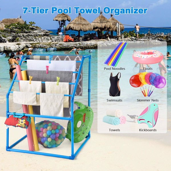 7-Tier Spacious Towel Organizer 7-pole pool towel rack Rack Free Standing Poolside Storage Organizer for drying and storing standard-sized bath towels,swimsuits(No shipments on weekends)