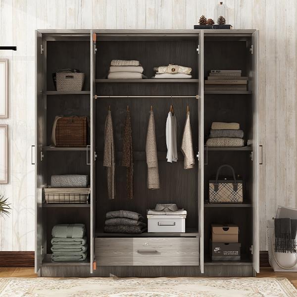 4-Door Wardrobe with 1 Drawer, Gray