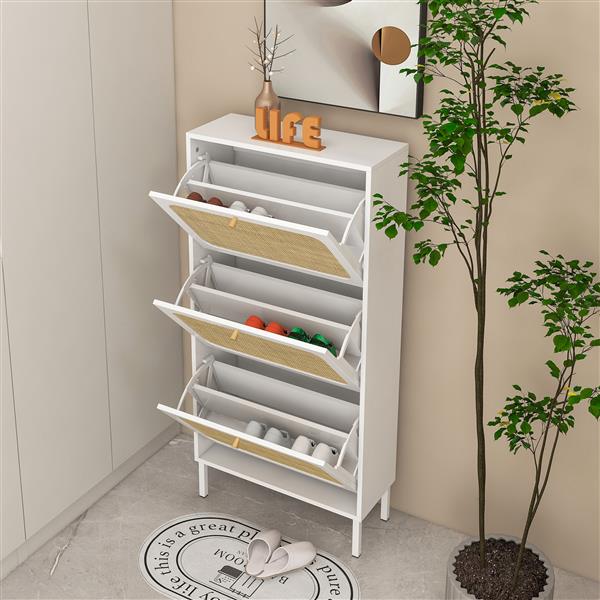 Natural Rattan 3 Door Shoe Rack,  Modern Shoe Storage Cabinet, for Entryway