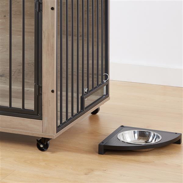 Furniture Style Dog Crate Side Table With Rotatable Feeding Bowl, Wheels, Three Doors, Flip-Up Top Opening. Indoor, Grey, 38.58"W x 25.2"D x 27.17"H