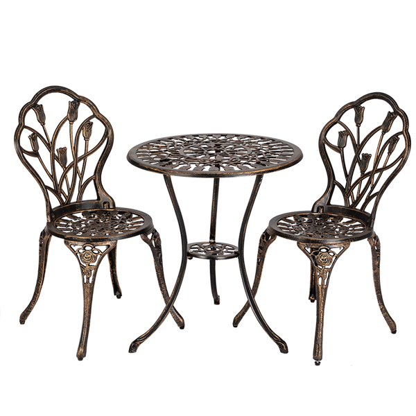 European Style Cast Aluminum Outdoor 3 Piece Tulip Bistro Set of Table and Chairs Bronze