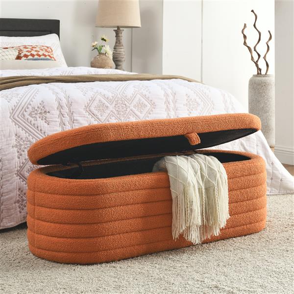 [Video]  Length 45.5 inchesStorage Bench Upholstered Fabric Storage Bench End of Bed Stool with Safety Hinge for Bedroom, Living Room, Entryway, orange teddy.