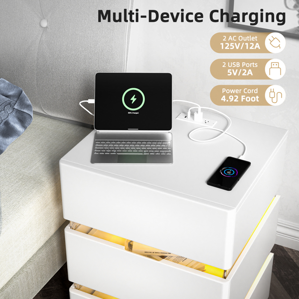 RGB LED With with Charging Station and USB Ports 3 Drawer Side Cabinet Bedside Table Nightstand White