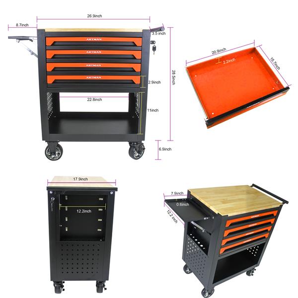 4 DRAWERS MULTIFUNCTIONAL TOOL CART WITH WHEELS AND WOODEN TOP-ORANGE