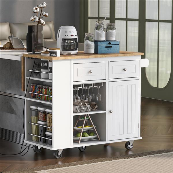 Kitchen Island with Power Outlet,Kitchen Storage Island with Drop Leaf and Rubber Wood,Open Storage and Wine Rack,5 Wheels,with Adjustable Storage for Home, Kitchen, and Dining Room,White