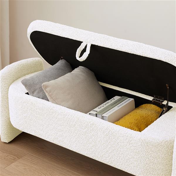 Oval Storage Bench 3D Lamb Fleece Fabric  Bench with Large Storage Space for the Living Room, Entryway and Bedroom,cream white