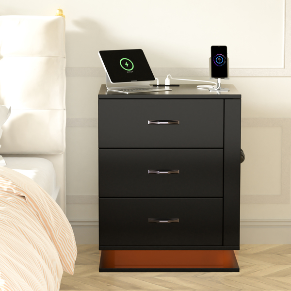 RGB LED With with Charging Station and USB Ports 3 Drawer Side Cabinet Bedside Table Nightstand Left Side Black