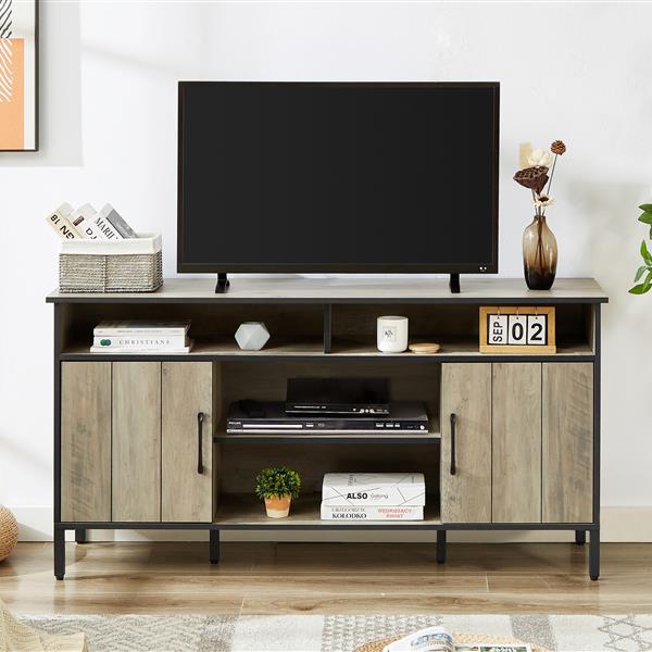 58-inch TV stand and media entertainment center console with up to 65-inch TV, open shelving and two storage cabinets, six support legs with adjustable feet,Rustic, Gray,58" x 15.7" x 29.7"