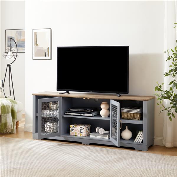 Modern Farmhouse TV Media Stand, Large Home Entertainment Console, for TV Up to 80'', with Open Shelves and Glass Door Cabinets, Light Blue and Light Oak, 70"W*15.55"D*26.85"H