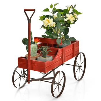 Wooden plant frame with wheels, red planting pot