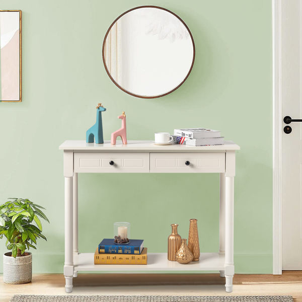 2-Tier Console Table with 2 Drawers， Console Tables for Entryway, Sofa Table with Storage Shelves, Entryway Table Behind Sofa Couch, for Living Room, Kitchen, Cream White