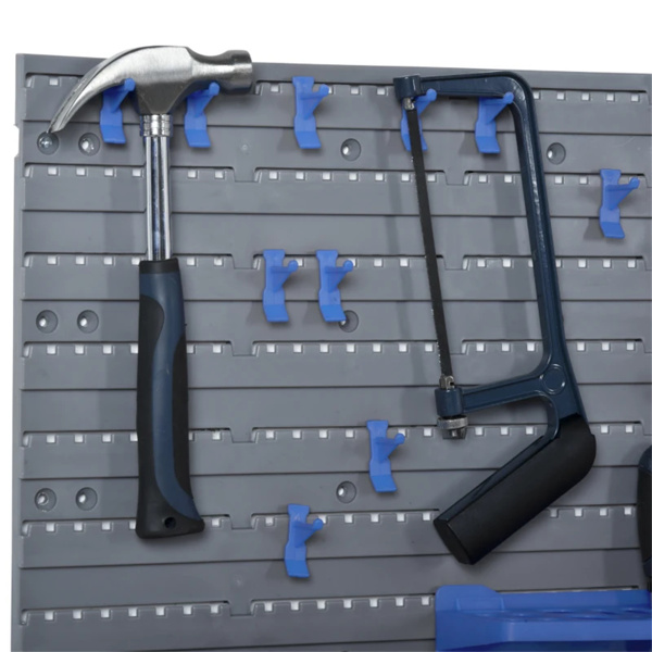 Blue wall mounted tool storage rack kit with storage box