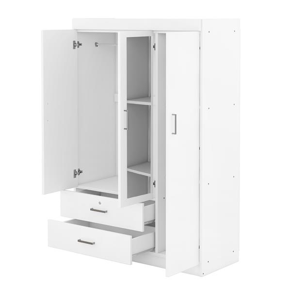 3-Door Mirror Wardrobe with shelves, White