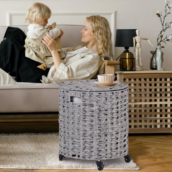 Vintage Storage Basket, Multipurpose Rolling Hamper With Brakable Wheels and Lid, Braid Laundry Bin, Handwave Clothes Toy Organizer Tote for Living Room