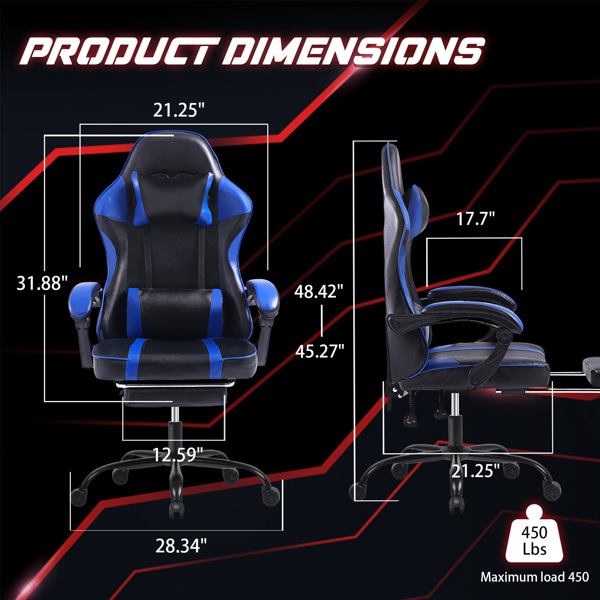 Video Game Chairs for Adults, PU Leather Gaming Chair with Footrest, 360°Swivel Adjustable Lumbar Pillow Gamer Chair, Comfortable Computer Chair for Heavy People, Blue