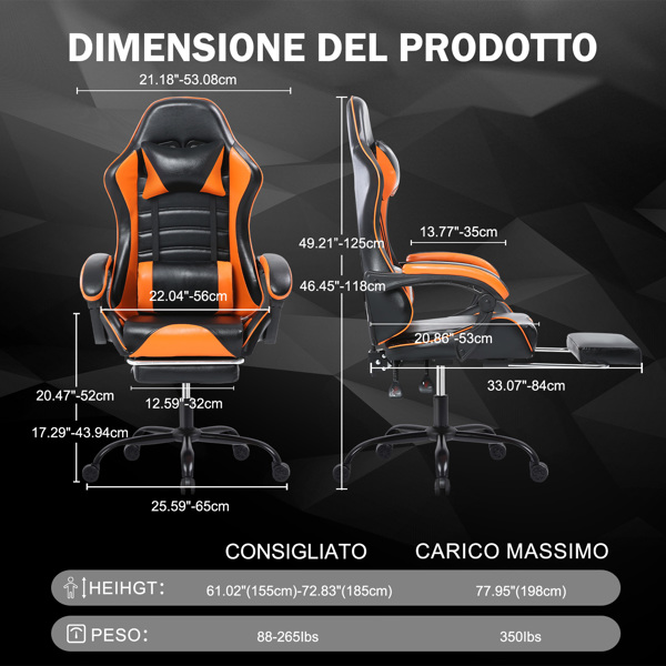 Computer Gaming Chairs with Footrest, Ergonomic Gaming Computer Chair for Adults, PU Leather Office Chair Adjustable Desk Chairs with Wheels, 360°Swivel Big and Tall Gamer Chair, Orange