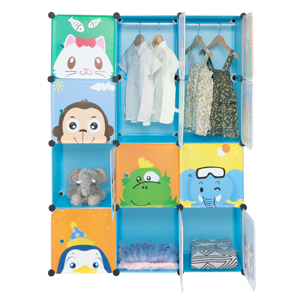 4-Layer 12-Grid 2-Hanging Rod Magic Cube Wardrobe, Plastic + Steel Wire Material with Animal Pattern, Pattern Door Blue Cabinet