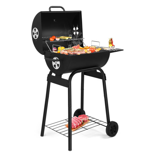 Charcoal Grills Outdoor BBQ Grill, Barrel Charcoal Grill with Side Table and Wheels, for Outdoor Backyard Camping Picnics Patio and Parties