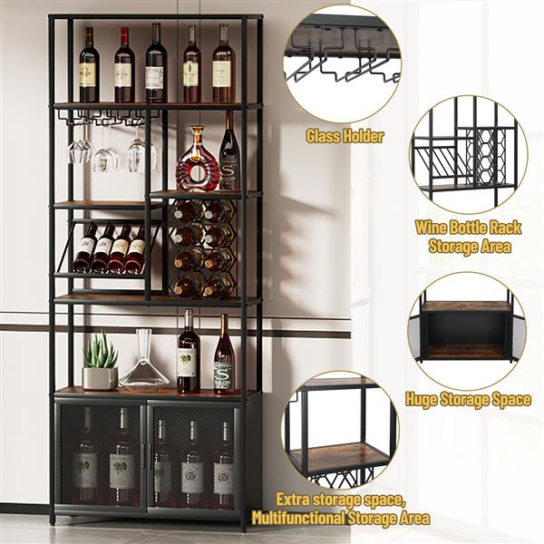 82.7" Industrial Standing Wine Rack with Glass Rack Tall  Floor Bar Cabinet