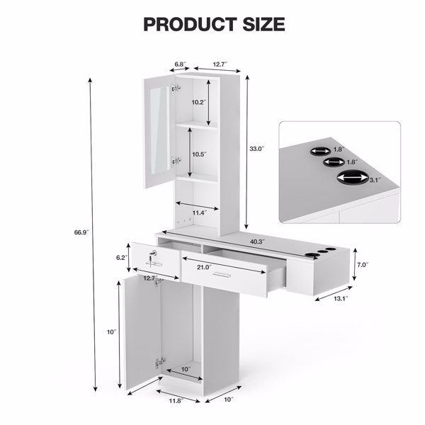 Wall Mount Barber Stations, Salon Stations for Hair Stylist, Hair Styling Equipement Set with a Storage Cabinet, 2 Drawers and a 3 Tier Shelf w/Glass Door(White)