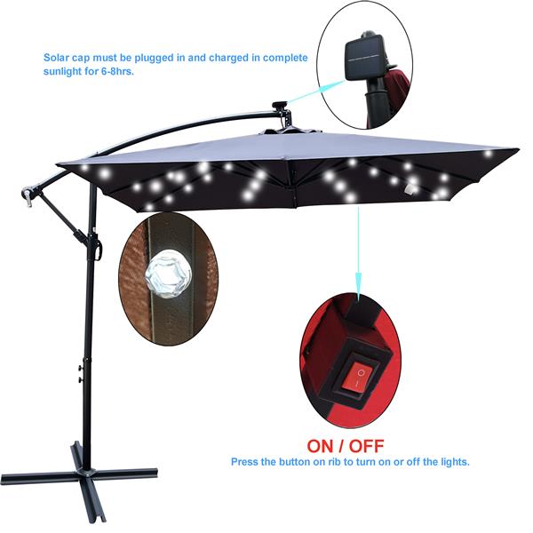 Square 2.5X2.5M Outdoor Patio Umbrella Solar Powered LED Lighted Sun Shade Market Waterproof 8 Ribs Umbrella with Crank and Cross Base for Garden Deck Backyard Pool Shade Outside Deck Swimming Pool