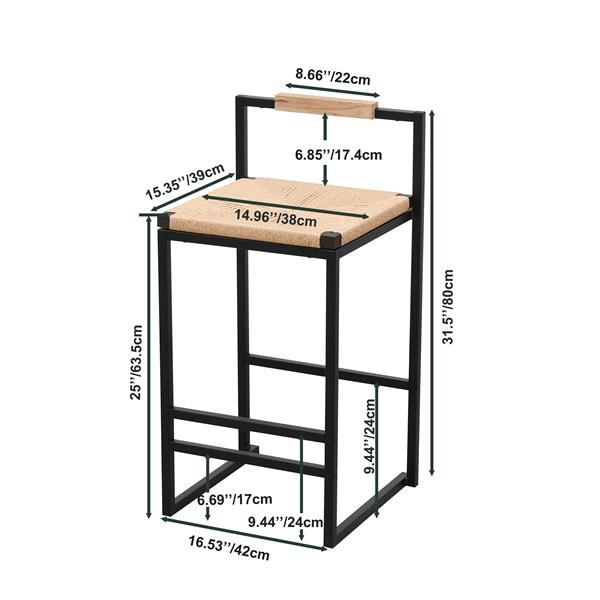 Set of 2 Bar Stools with Back  Paper Rope Woven Counter Height Dining Chairs for Kitchen, Home (Paper Rope with Back)