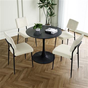 Modern beige simple velvet dining chair fabric upholstered chair Family bedroom stool back dressing, black round table set, chair black metal legs (set of 5)