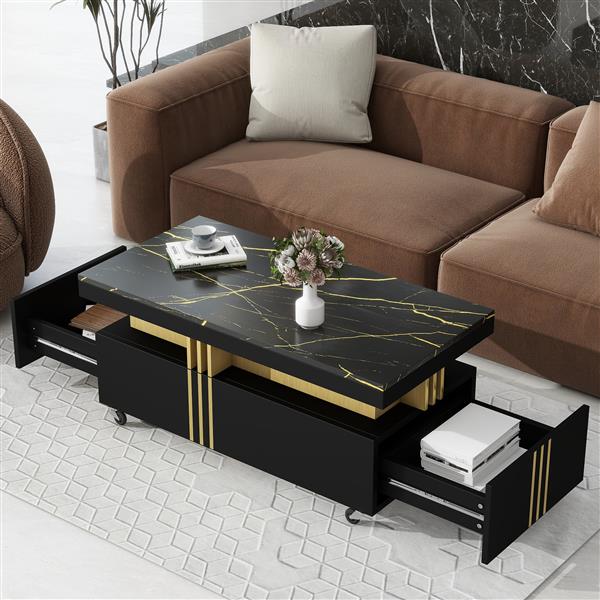 [VIDEO provided] Contemporary Coffee Table with Faux Marble Top, Rectangle Cocktail Table with Caster Wheels, Moderate Luxury Center Table with Gold Metal Bars for Living Room, Black