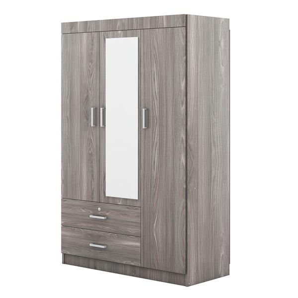 3-Door Mirror Wardrobe with shelves, Gray