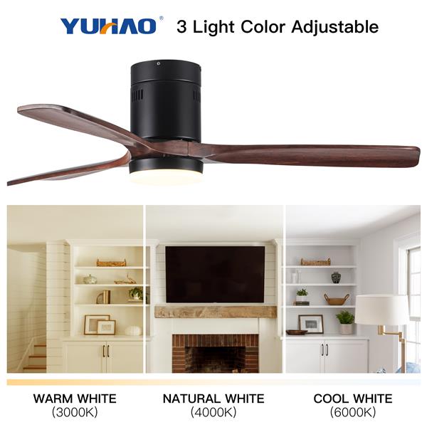 Flush Mount Ceiling Fan with Integrated LED Light in Solid Wood Blades