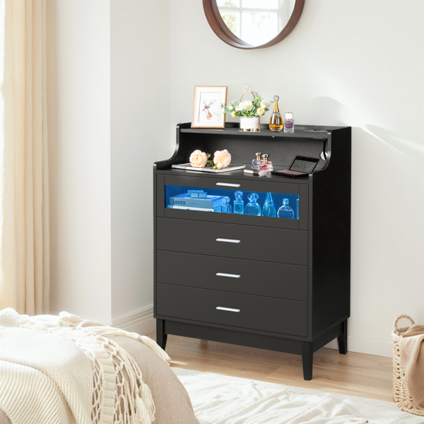 Particleboard Wood 4 Drawers with Shelf & LED Light Strips & Charging Station & USB Ports Dresser Bed Table Black