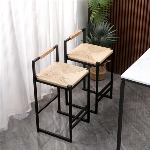 Set of 2 Bar Stools with Back  Paper Rope Woven Counter Height Dining Chairs for Kitchen, Home (Paper Rope with Back)