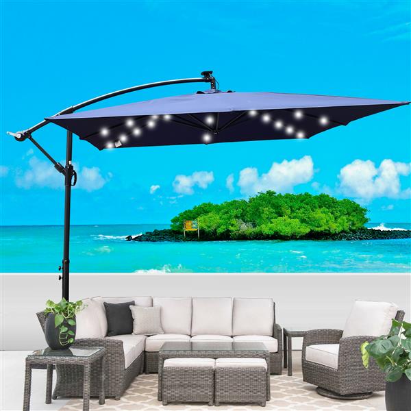 Square 2.5X2.5M Outdoor Patio Umbrella Solar Powered LED Lighted Sun Shade Market Waterproof 8 Ribs Umbrella with Crank and Cross Base for Garden Deck Backyard Pool Shade Outside Deck Swimming Pool