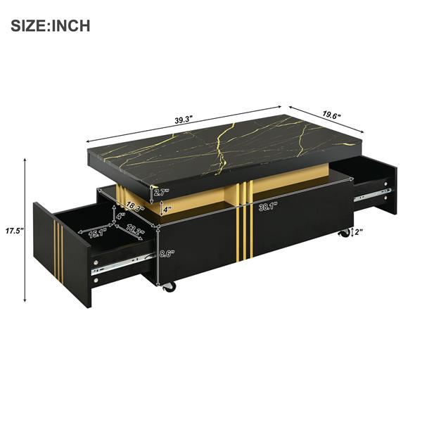 [VIDEO provided] Contemporary Coffee Table with Faux Marble Top, Rectangle Cocktail Table with Caster Wheels, Moderate Luxury Center Table with Gold Metal Bars for Living Room, Black