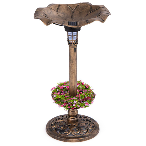 Bronze Standing Pedestal Birdbath and Feeder Combo with Solar Powered Lamp