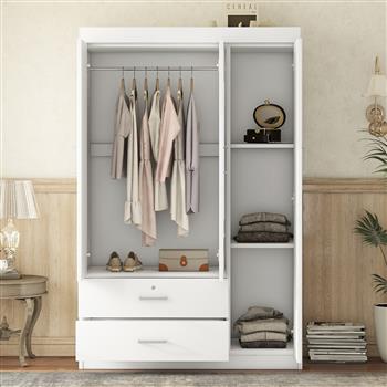 3-Door Mirror Wardrobe with shelves, White