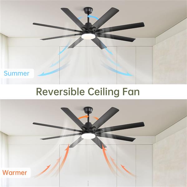 66 Inch Modern Ceiling Fan With Dimmable Led Light 8 ABS Blades Smart Remote Control Reversible DC Motor Black For Home Office