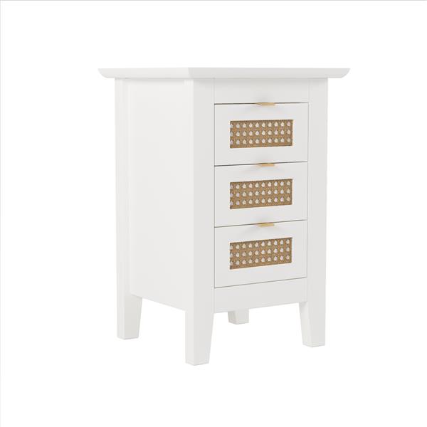 Wooden Nightstands Set of 2 with Rattan-Woven Surfaces and Three Drawers, Exquisite Elegance with Natural Storage Solutions for Bedroom, White