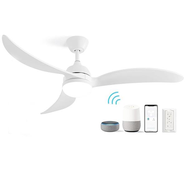 52 Inch Ceiling Fan With Dimmable Led Light 3 Solid Wood Blades Remote Control Reversible DC Motor White For Living Room