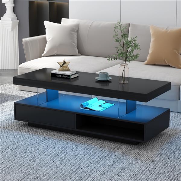 LED Coffee Table with Storage, Modern Center Table with 2 Drawers and Display Shelves, Accent Furniture with LED Lights for Living Room,Black